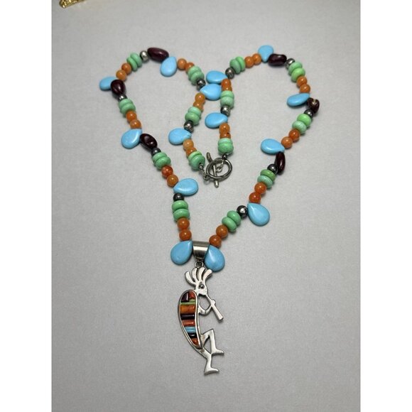 Stunning Navajo Kokopelli Inlay Necklace Turquoise Coral Sterling Silver Pendant